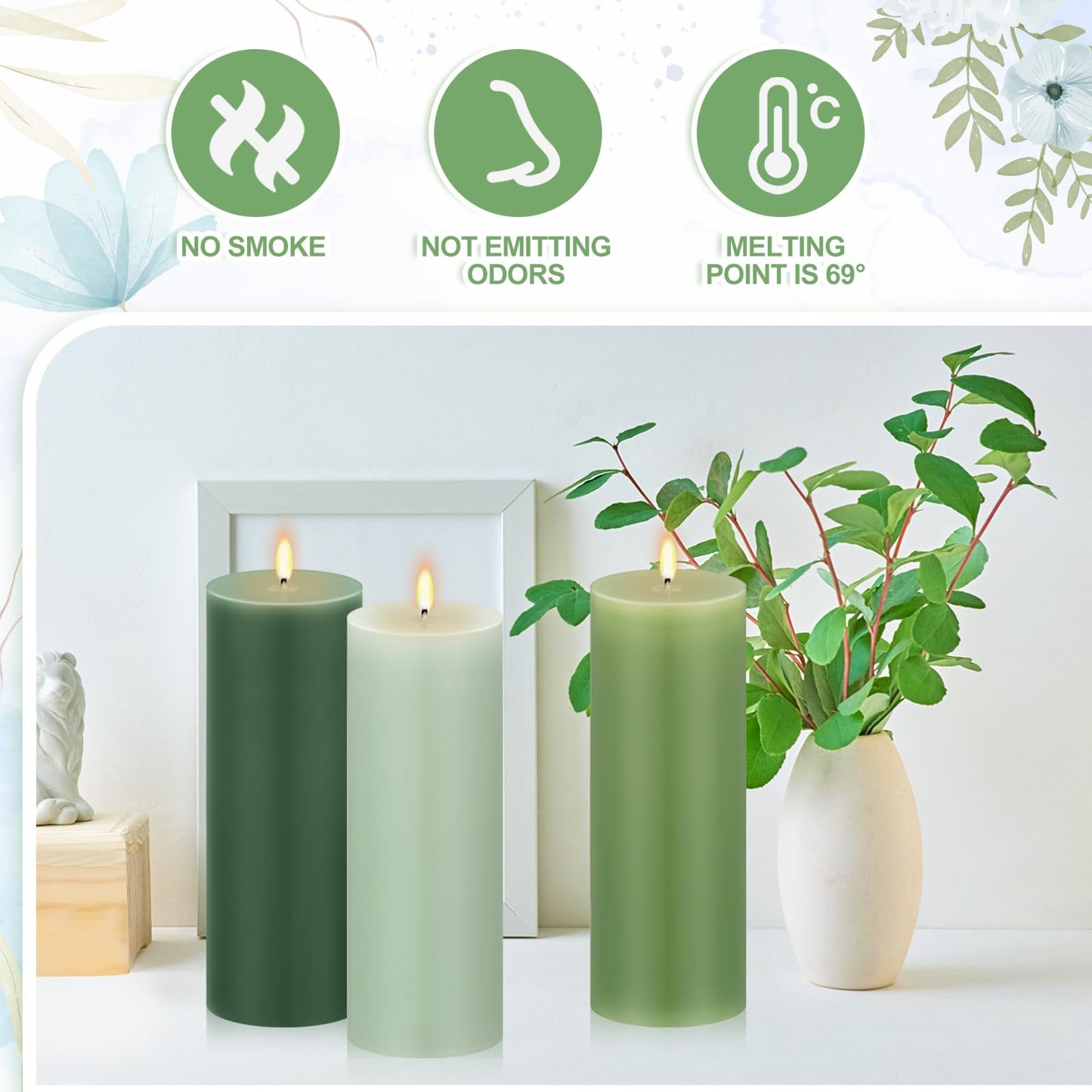 Conelist Set of 6 Gradient Green Pillar Candles 2 x 6 Inch Decorative Unscented Column Candles for Wedding Thanksgiving Christmas Holiday Church Dinner Table Home Relaxation Spa Decor