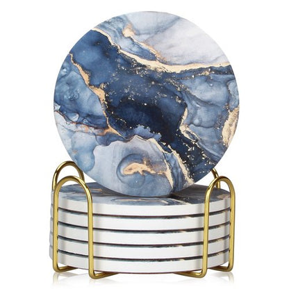 Dksyee Coasters Set of 6, Navy Blue Marble Abstract Round Ceramic Coasters with Holder, Best Absorbent Drink Coaster Set, Coffee Table Decor for Home Decor House Warming Gifts New Home