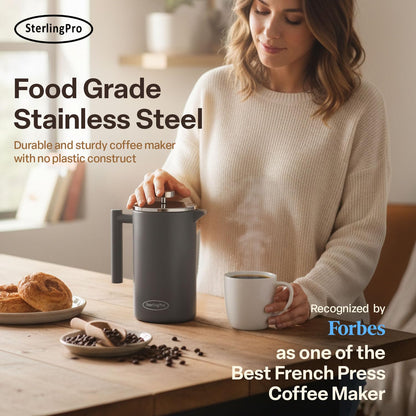 SterlingPro Stainless Steel French Press Coffee Maker 1.75 L (59 oz) Grey – Double Walled Insulated Extra Large French Press, Durable Design Keeps Drinks Hot, Easy to Use and Clean for Rich Flavor