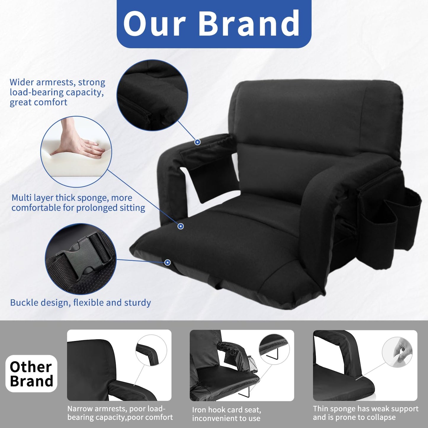 Aventorixis Extra Wide Stadium Seats with Back Support – 2 Pack Sofa-Style Bleacher Chairs, Thick Cushions, 6 Reclining Positions(Black-2 Pack,Wide|25")
