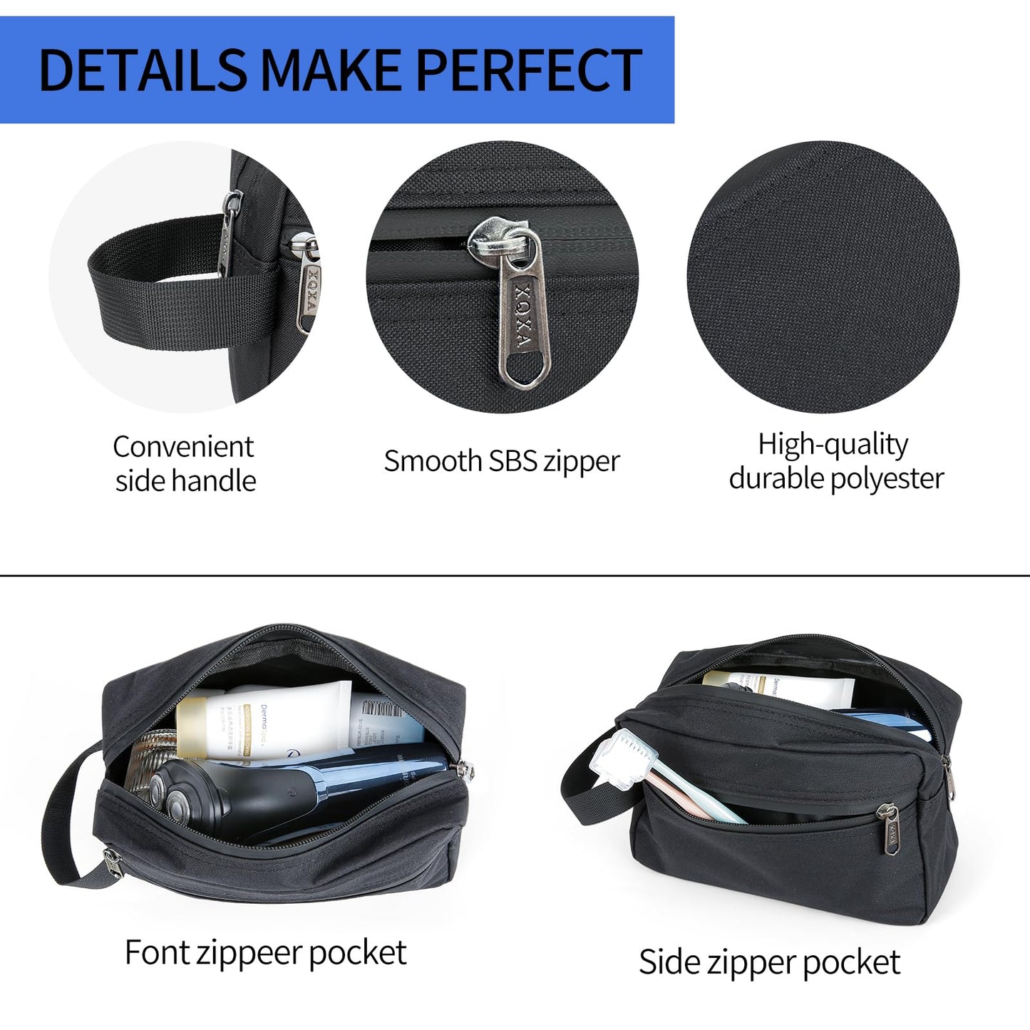 XQXA Toiletry Bag for Men, Hanging Dopp Kit Travel Bag for Men Women, Mens Travel Bag Shaving Bag for Toiletries Accessories (Black)
