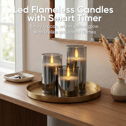 5plots Glass Battery Operated Grey Flameless Candles with Remote Timer, 3D Wick Real Wax Pillar Led Candles Warm Flickering Light for Indoor Home, Halloween, Christmas Decor D3 x H4 5" 6"