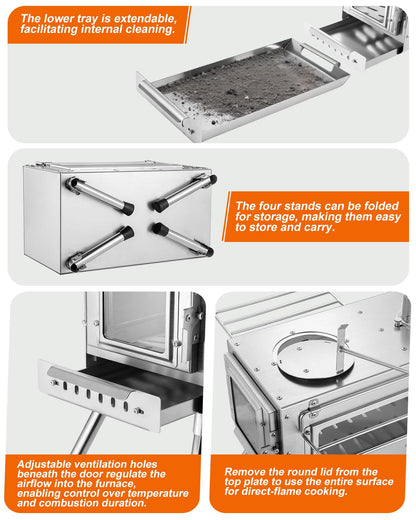 Camping Wood Stove，Wood Burning Tent Stove，Portable Hot Tent Stove for Camping, Hunting, Ice Fishing，Cooking，Shelter