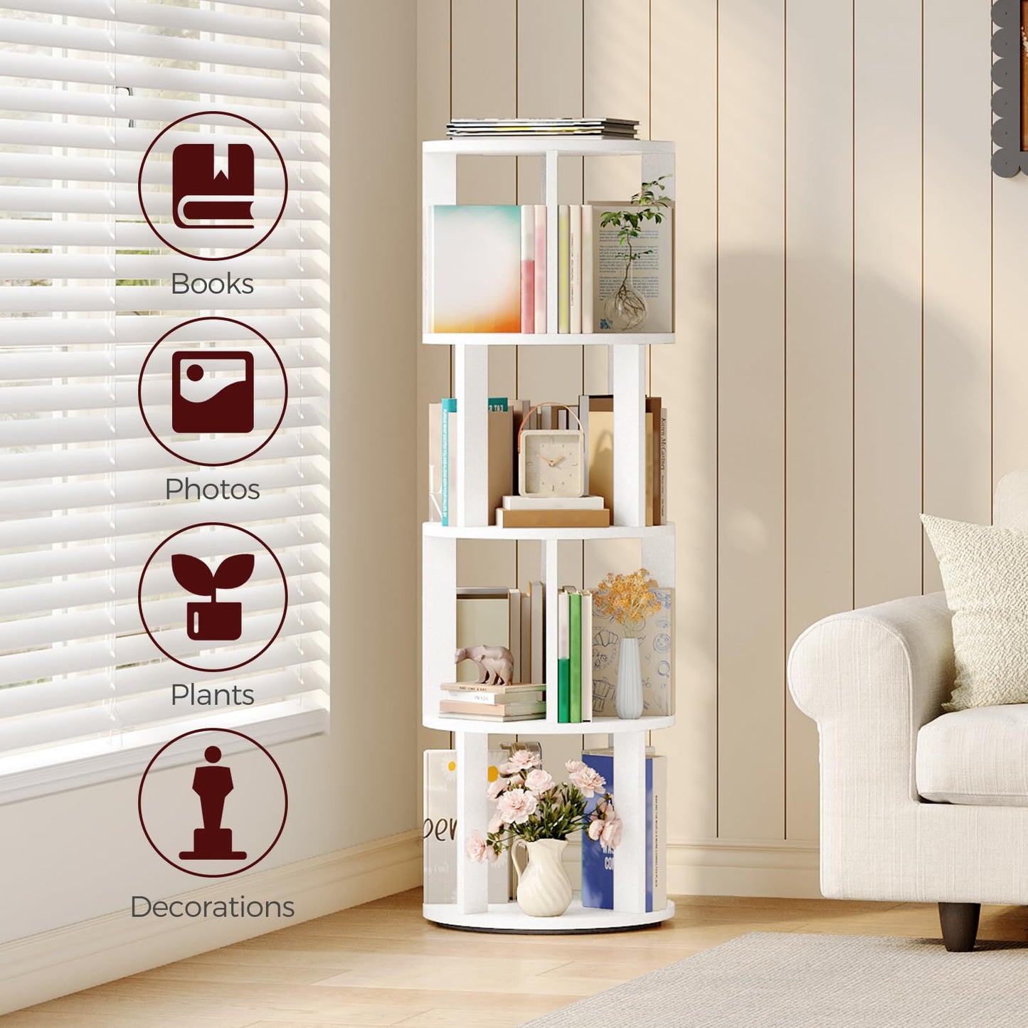 MAHANCRIS Folding Countertop Kitchen Island Cart and 4-Tier Rotating Bookshelf Bundle, Kitchen Island Table with Towel Rack, Spinning Bookshelf Tower, for Living Room, Study, KIBZ12501-BKWT6401