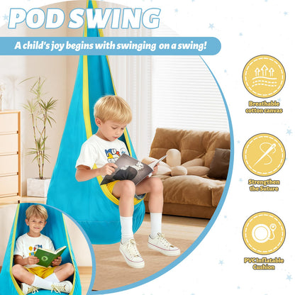 Swing Stand Frame with Sensory Swing Pod Chair, X-Shaped Swing Set, Metal Hammock Chair Stand for Adults Indoor and Outdoor 330LBS (Patterned-Star Blue)