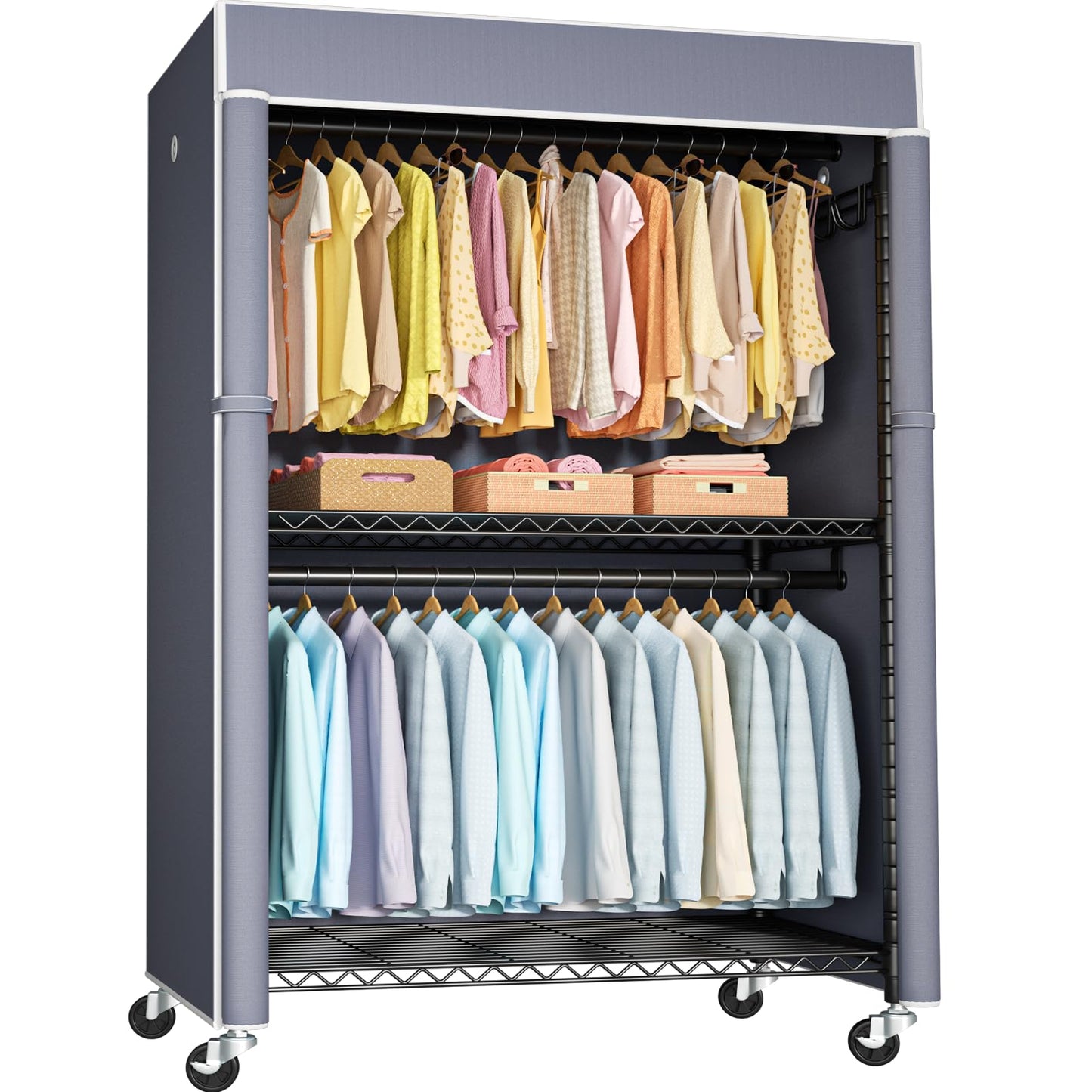 FUTASSI Black Clothing Rack with Grey Cover, P1C Plus Rolling Closets with Wheels, Metal Garment Rack for Hanging Clothes, Clothing Storage Wardrobe, 46" W x 18.5" D x 80.7" H, Load 524 Pounds