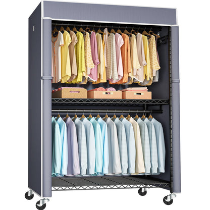 FUTASSI Black Clothing Rack with Grey Cover, P1C Plus Rolling Closets with Wheels, Metal Garment Rack for Hanging Clothes, Clothing Storage Wardrobe, 46" W x 18.5" D x 80.7" H, Load 524 Pounds