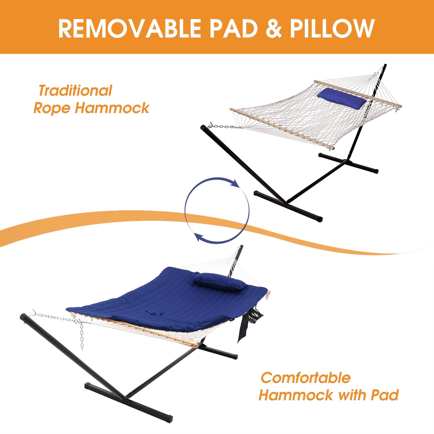 Lazy Daze Hammocks Double Hammock with 12 ft Steel Stand, 2 Person Cotton Rope Hammock with Quilted Pad, Spreader Bars, Detachable Pillow, Mag Bag & Cup Holder, Blue