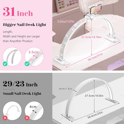 LIONVISON Half Moon Light for Nail Desk - 31-inch, 48W, Aluminum, White, Model 0002, Includes Phone Holder for Nail Tech, Makeup, Tattoo
