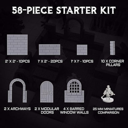 CZYY Magnetic Dungeon Tiles Set – 58 PCS Modular &amp Paintable Terrain Kit with Double-Sided Textured Floors Doors &amp Windows – Build 3D Battle Maps for DND Wargames &amp Tabletop RPGs (Basic