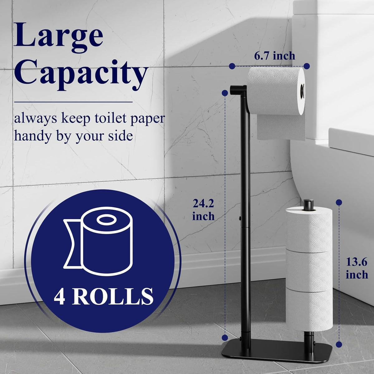 Kitsure Toilet Paper Holder - Free Standing, Rustproof Design for 4 Rolls, Non-Slip Stable Base | Black Medium