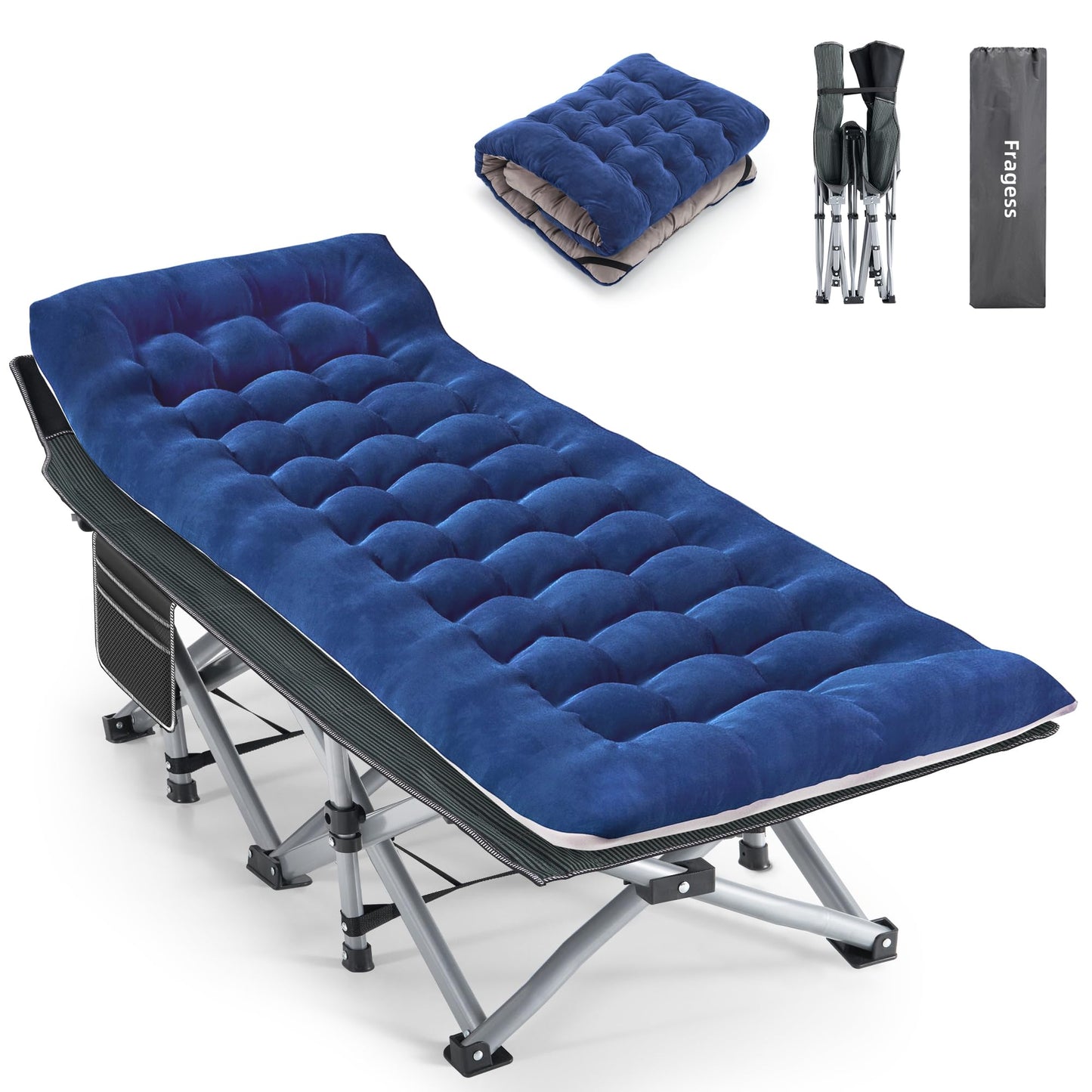 Fragess Camping Cot, Sleeping Cots, Portable Camping cots with Cushion, Pillow and Carry Bag, 1200D Double Layer Oxford, 600 LBS Weight Capacity Cots for Sleeping (Blue)