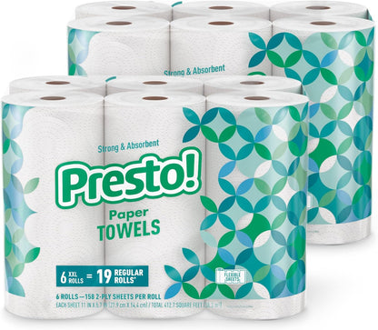 Presto! Ultra-Strong Premium Paper Towels - Flex-a-Size, 158 Sheets, 12 Huge Rolls | Equivalent to 38 Regular Rolls, White