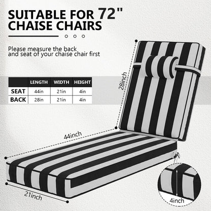 72 x 21 x 4 Inch Olefin Chaise Lounge Cushions, Lounge Chair Cushions with Headrest for Outdoor Furniture - Weather and Fade Resistant Patio Replacement Furniture Lounge Chair Cushion Set of 4