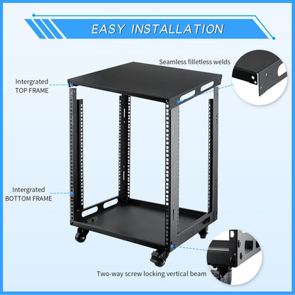 12U Open Frame Server Rack with Wheels Free Standing Network Server Rack for Servers & AV Gear Black