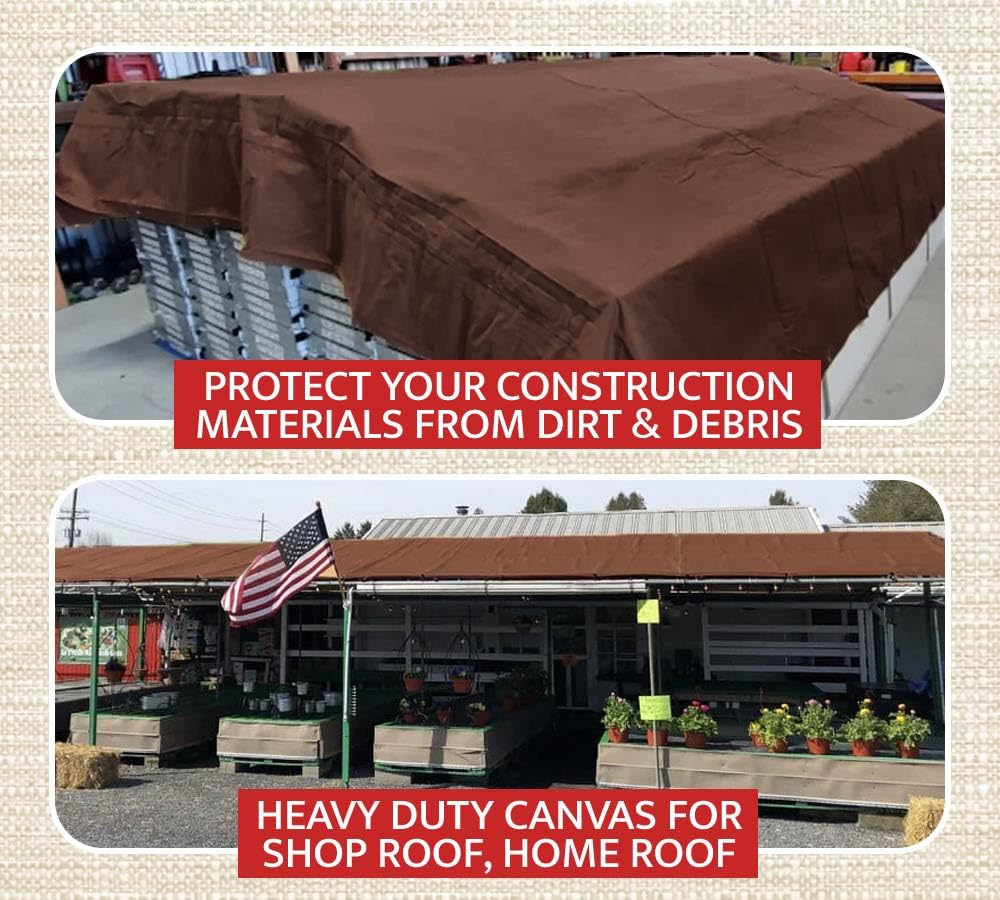 Mytee Products 20' x 20' Dark Brown 12oz Canvas Tarp with Grommets - Water Resistant - Heavy Duty Canvas Tarps - Multipurpose Tarpaulin Cover for Canopy Tent, Roof, Camping, Semi Trucks & Cargo