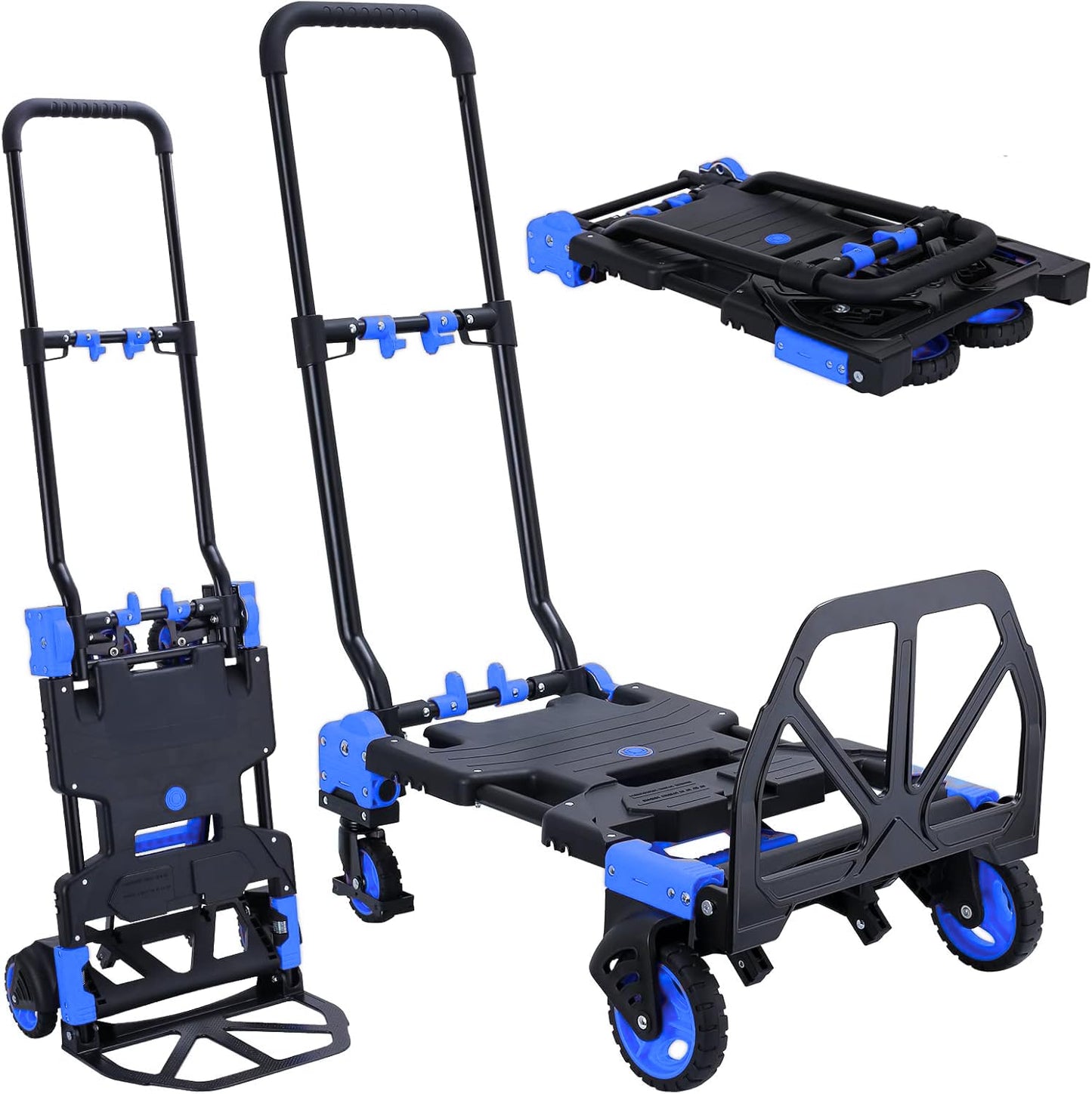 2-in-1 Folding Hand Truck Dolly 330LB Load Carrying, Hand Truck Foldable Dolly with Retractable Handle and 4 Rubber Wheels, Portable Folding Hand Cart for Moving/Travel/Office(Blue)