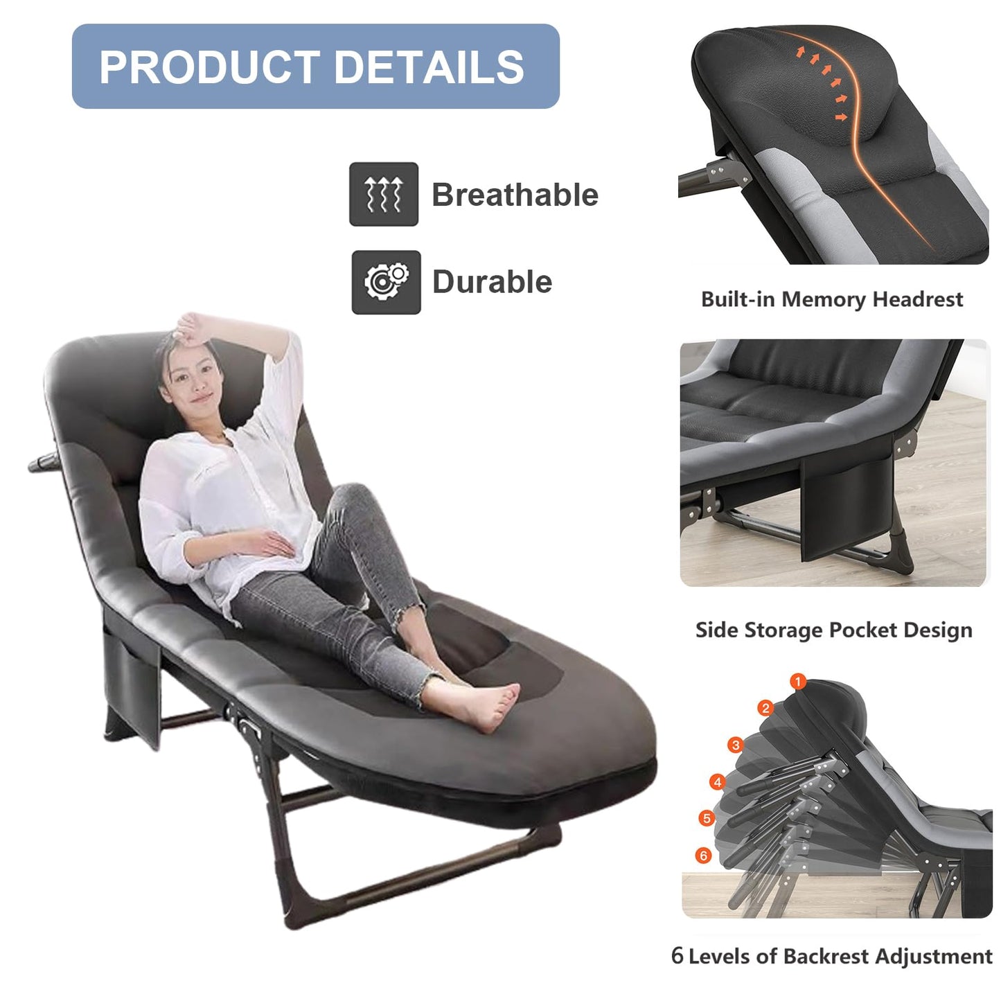 OVLRIJP Folding Lounge Chairs for Outside, Portable Camping Cot, 6-Position Chaise Lounge Chairs with Side Pocket and Mattress, Heavy Duty Chaise Lounges for Outdoor Patio Balcony Beach (Black)