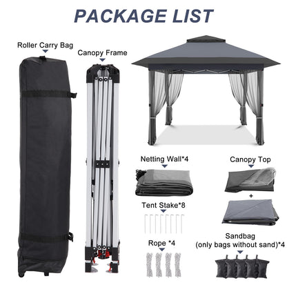 Garvee 12x12 Gazebo, Instant Outdoor Canopy Tent with Mosquito Netting, Screen Tent with 4 Ropes, 8 Stakes, 4 Sandbags and Wheeled Storage Bag, Shelter Canopy for Patio Garden Backyard, Gray