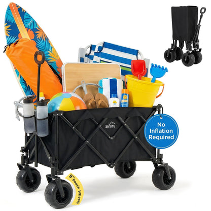 Zeraty Beach Wagon with Big Wheels for Sand, Heavy Duty All Terrain Wagons Carts Foldable with Solid 9" Tires, 300L Oversized Capacity & 330 LBS Load, Beach Cart for Outdoor & Camping, Black