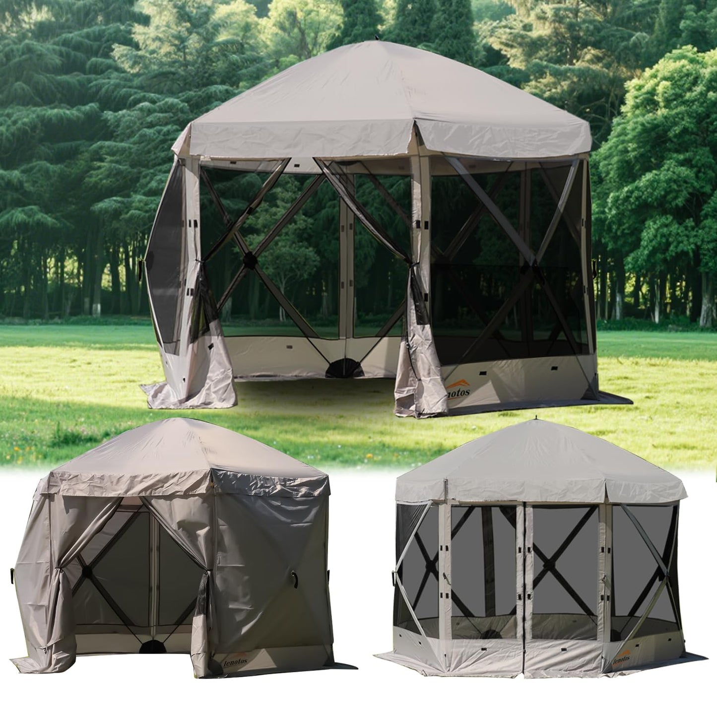 Lenotos Pop Up Screen Tent, 12'x12' Windproof & UV Protection Sun Shelter, Portable Instant Setup, 6-Sided Screen Tent for Picnic, Camping, Backyard, Outdoor (Grey)