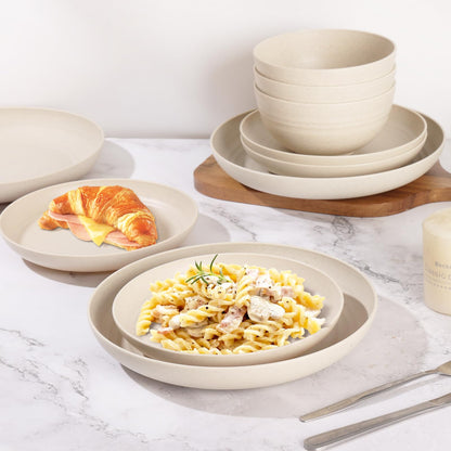 Gudvilla Wheat Straw Dinnerware Sets, 32Pcs Plastic Plates and Bowls Sets for 8, Unbreakable Reusable Wheat Straw Bowls Plates Cups Dishes Set, Dishwasher Microwave Safe, for RV Kitchen Camping