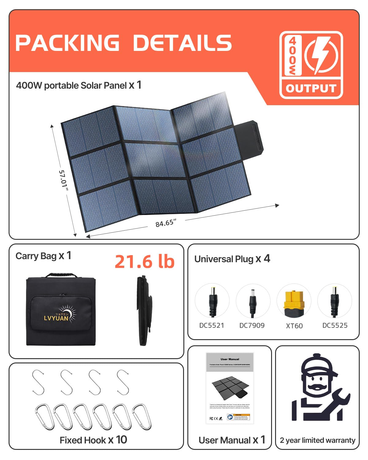 LVYUAN 400W Portable Solar Panel, 36V Foldable Blanket Solar Panel IP64 P-PERC, Upgraded 23% Efficiency for Solar Power Station Generator for Outdoor Camping Backpacking Hiking, 22 Pounds
