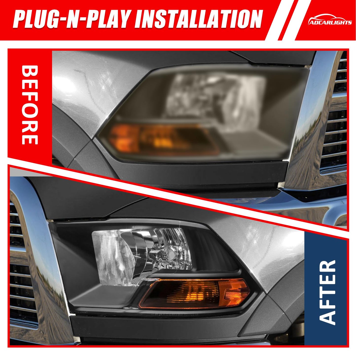 ADCARLIGHTS For 2009-2012 Dodge Ram 1500 2500 3500 Pickup Dual Cab Trims Headlights Black Housing Amber Reflector Driver and Passenger Side(Not fit Quad Models) Pair（W/O Bulbs）