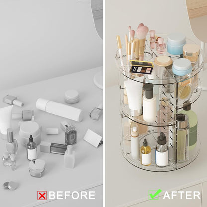 Rotating Makeup Organizer, DIY 8 Adjustable Layers Spinning Skincare Organizer, Cosmetic Display Case with Brush Holder Perfume Tray, Multi-Function Storage Carousel for Vanity Bathroom Countertop