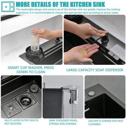 Nano Black Kitchen Single Bowl Sink Stainless Steel Waterfall Sink with Double button Pull-Out Tap,rain Basket,Cup washer, cutting board, vegetable washing basin (BLACK, 30X18")