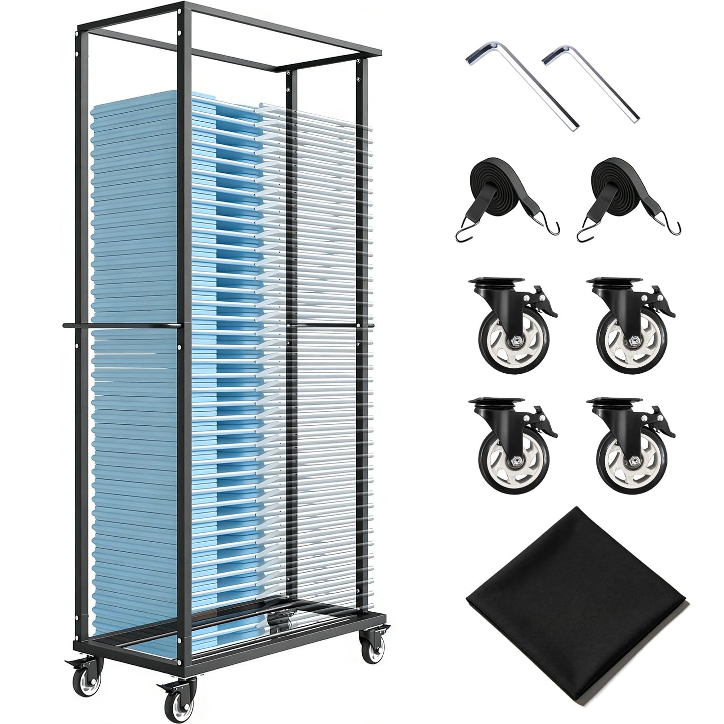 Folding Chair Rack, Folding Chair Cart with Wheels Heavy Duty, 500 LBS Capacity for 60 Chairs Chair and Table Cart w/Dust Cover and 2 Binding Ropes, 80”Lx42”Wx20”H