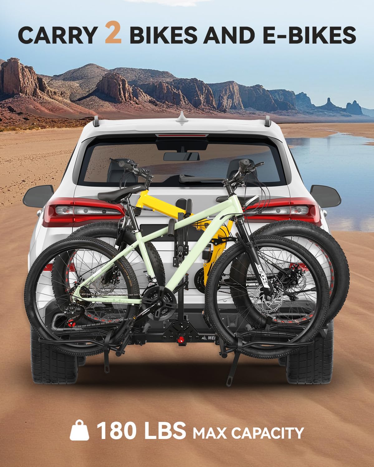MEEVIZ Bike Rack Hitch with Lock, Platform 2-Bike Rack for Car SUV RV Camper Truck Trailer, Hitch Bike Rack for Fat Tire, Mountain Bikes, EBikes and EMTB, 180 lbs Capacity Bike Carrier for 2" Receiver