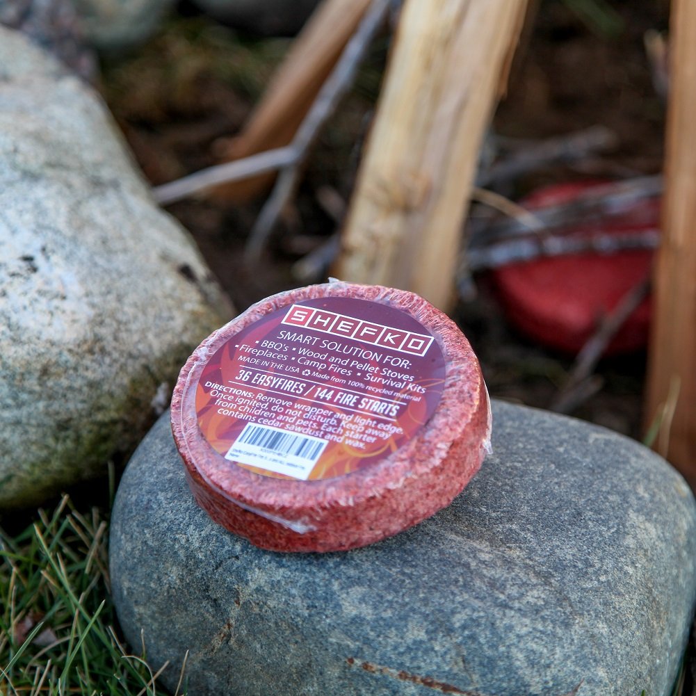 Shefko EasyFire Fire Starters with 30-min. Burn-time Guarantee – Natural Cedar Scent, Clean, All-Weather Quick Flame – 36 Pucks / 144 Fire Starts- Camping Essentials And Emergency Kit / Survival Solution