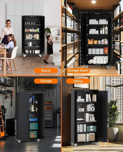 IDEALHOUSE 72" Tall Garage Storage Cabinet – 600 Lb Capacity Metal Tool Cabinet with Magnetic Lock, 4 Adjustable Shelves & Wheels, Heavy-Duty Steel Storage for Workshop, Home & Office