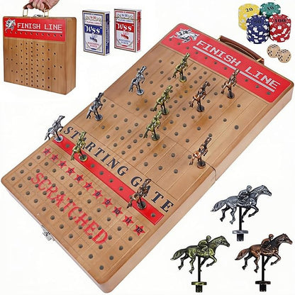 Glintoper Large 21 Horse Racing Game Horse Race Board Games with 11 Luxury Metal Horses Foldable Wood Board with 2 Dices 2 Boxes of Cards 40 Poker Chips Finish Line for Parties