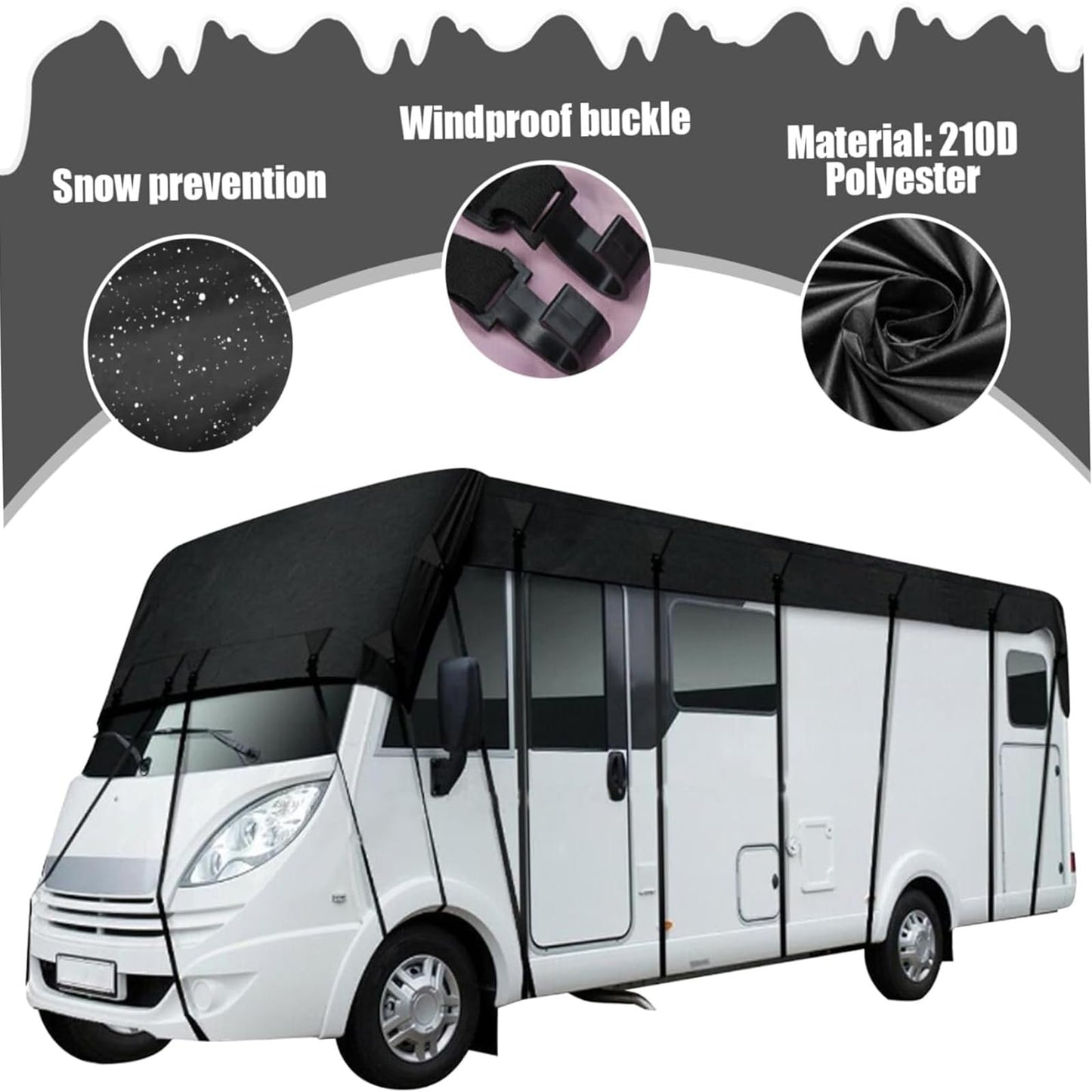 Wider 3.3m/10.83ft Camper roof Cover 210D Oxford Cloth Class C Rv Cover Wind, Rain and Snow Proof with 2 Extra Straps Black-49.2 x 10.8 ft