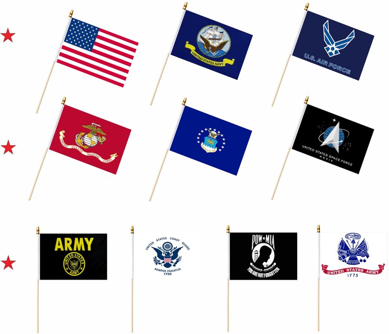 LUSEOAN 20 Pack Military Flag Set Small Mini Army Armed Forces All Branches Handheld Flags on Wooden Stick for Veterans Day,Memorial Day,US Fourth of July Decorations,5x8 Inch