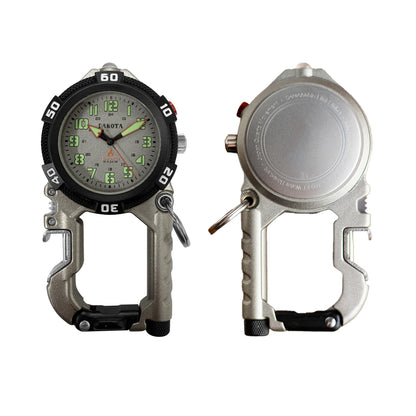 Dakota Flint Clip-On Survival Watch – Outdoor Tool with Flint Fire Starter, LED Flashlight & Bottle Opener – Silver