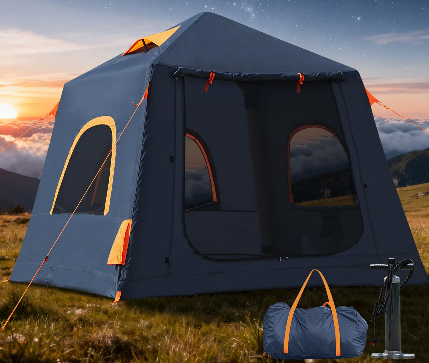 Inflatable Camping Tent,2-4 Persons Easy Setup Blow Up Tents for 4 Seasons Waterproof Inflatable Tent for Camping,Air Tent with Mesh Windows/Doors