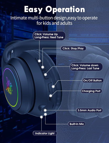 ONITOON Cat Ear Bluetooth Headphones for Kids & Adults, 55H Play Time, Wireless Foldable & Wired Multi-Function LED Light Up Over Ear Headphones with Mic and Volume Control for iPhone/iPad/Laptop/PC
