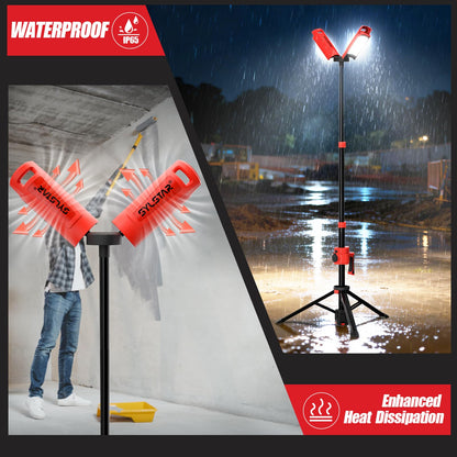 SYLSTAR Hybrid Powered LED Work Light with Tripod, 12000 Lumens Corded & Rechargeable Battery Work Light, 7.4ft Aluminum Telescopic Stand, 3 Brightness Levels, IP65, Dual Head, Portable Job Site Light