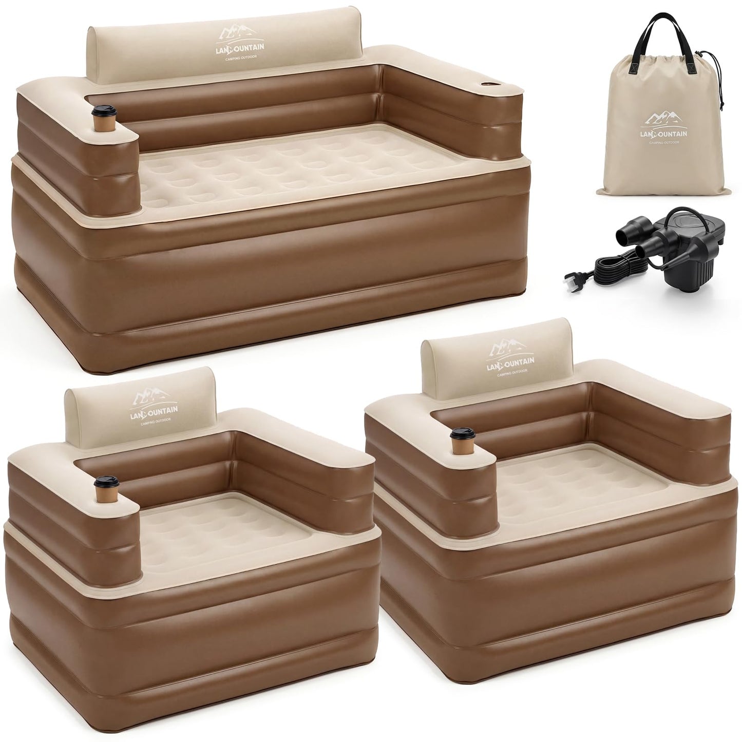 LANMOUNTAIN Inflatable Couch Set with Cup Holders & Pump, Velvety Air Sofa (1 Loveseat 60"x32"x34" & 2 Chairs 41"x32"x34") for Camping & Home