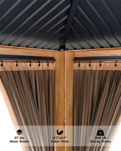 GarveeLife Hard top Wood Gazebo 10 ft x10 ft for All Weather, with Double Metal Roof, Heavy Duty Wooden Frame, Net, and Curtain, Permanent Building for Patio, Deck, Backyard, Lawn, and Garden, Khaki