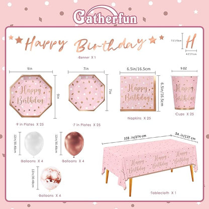 Rose Gold Birthday Party Supplies - Disposable Paper Plates Napkins Cups Tablecloth &amp Banner for Girl/Women Celebration Serves 25 - Decorate with Our Rose Gold Plates and Napkins Set