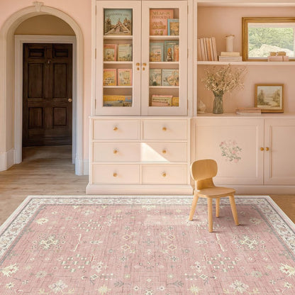 Regine Switzerland Blush Pink Girls Rug - Floral Area Rug 5x7, Machine Washable Non-Slip Play Mat