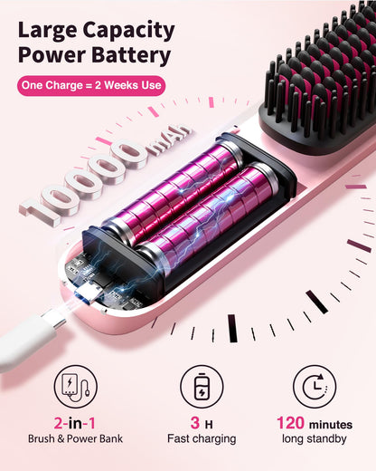 Cordless Hair Straightener Brush - Portable Hair Brush for Travel - 30s Fast Heating - 300 Million Negative Ions for Frizz-Free Shine,Touch Up On-The-Go,Gift for Women,10000mAh