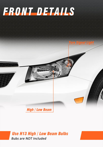 AXLAHA Headlight Assembly for 2011-2015 Chevy Cruze LS/LT/LTZ | 2016 Chevy Cruze Limited Black Housing Clear Reflector Headlamp Replacement Pair