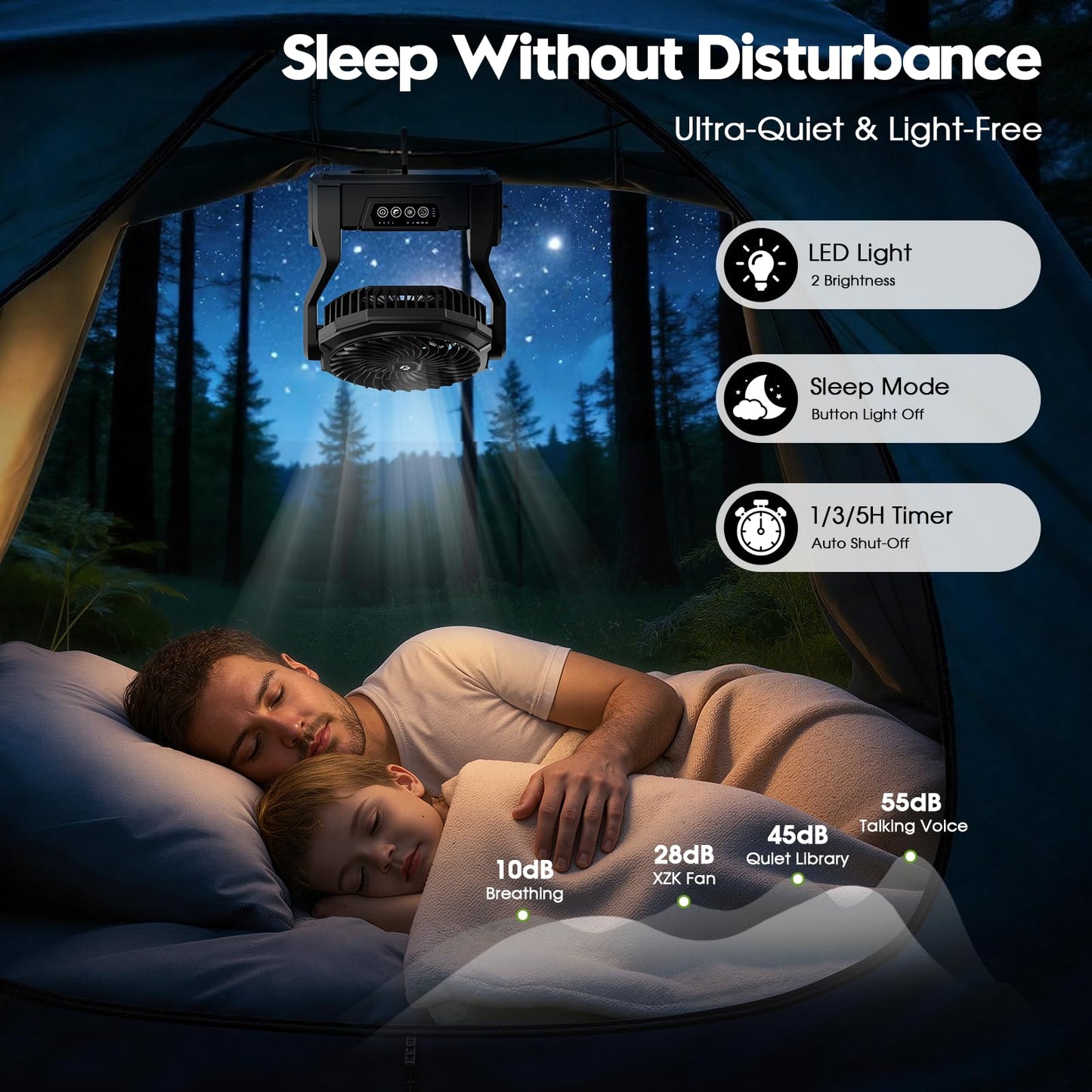 XZK 24000mAh Rechargeable Camping Fan, 64H Runtime Battery Powered Portable Travel Fan with LED Light, Tent Fans for Indoor,Outdoor,Fishing,Jobsite & Hurricane Emergency,Gifts for Men Dad Him,Black