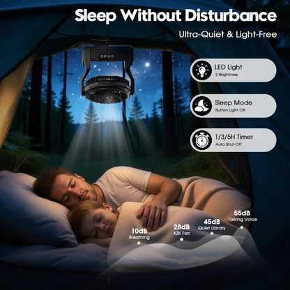 XZK 24000mAh Rechargeable Camping Fan, 64H Runtime Battery Powered Portable Travel Fan with LED Light, Tent Fans for Indoor,Outdoor,Fishing,Jobsite & Hurricane Emergency,Gifts for Men Dad Him,Black