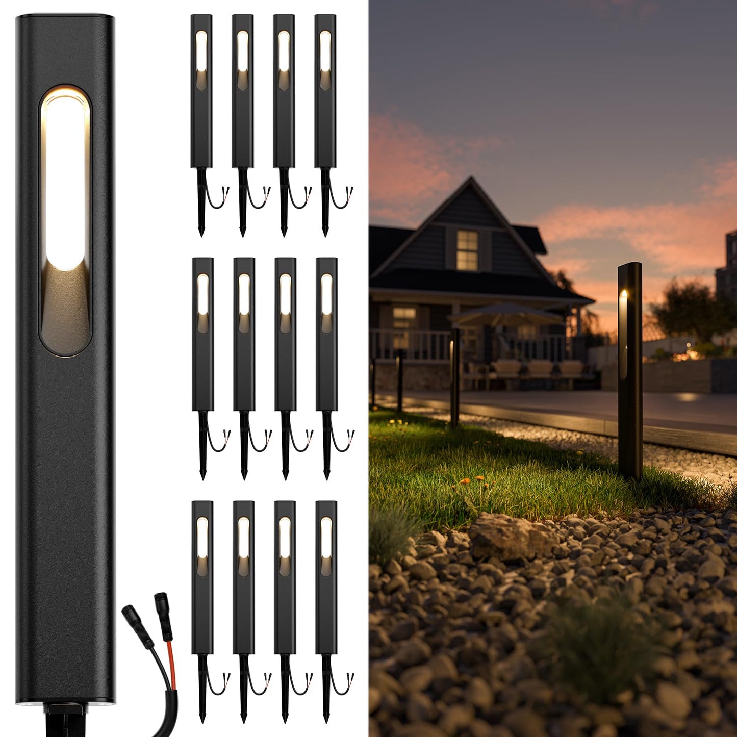 Sunco 12 Pack Gleam Low Voltage Garden Pathway Light, LED Outdoor Lights for Patio Landscape Path Lighting, 4W, 70 LM, 3000K Warm White, IP65 Wet Rated, 50000 Lifetime Hours, Non-Dimmable ETL